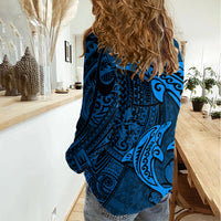 Polynesian Dolphin Valentine Day Women Casual Shirt Hibiscus and Tribal Tattoo Blue Style LT03 - Polynesian Pride