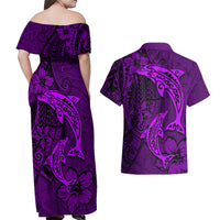 Polynesian Dolphin Valentine Day Couples Matching Off Shoulder Maxi Dress and Hawaiian Shirt Hibiscus and Tribal Tattoo Purple Style LT03 - Polynesian Pride