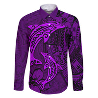 Polynesian Dolphin Valentine Day Family Matching Mermaid Dress and Hawaiian Shirt Hibiscus and Tribal Tattoo Purple Style LT03 Dad's Shirt - Long Sleeve Purple - Polynesian Pride