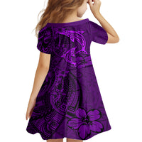 Polynesian Dolphin Valentine Day Kid Short Sleeve Dress Hibiscus and Tribal Tattoo Purple Style LT03 - Polynesian Pride
