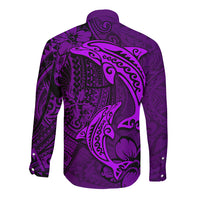 Polynesian Dolphin Valentine Day Long Sleeve Button Shirt Hibiscus and Tribal Tattoo Purple Style LT03 - Polynesian Pride