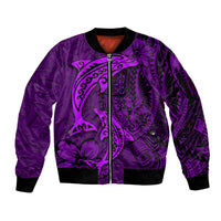 Polynesian Dolphin Valentine Day Sleeve Zip Bomber Jacket Hibiscus and Tribal Tattoo Purple Style LT03 Unisex Purple - Polynesian Pride
