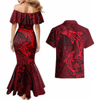 Polynesian Dolphin Valentine Day Couples Matching Mermaid Dress and Hawaiian Shirt Hibiscus and Tribal Tattoo Red Style LT03 - Polynesian Pride