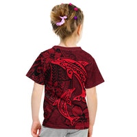 Polynesian Dolphin Valentine Day Kid T Shirt Hibiscus and Tribal Tattoo Red Style LT03 - Polynesian Pride