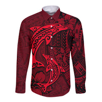 Polynesian Dolphin Valentine Day Long Sleeve Button Shirt Hibiscus and Tribal Tattoo Red Style LT03 Unisex Red - Polynesian Pride