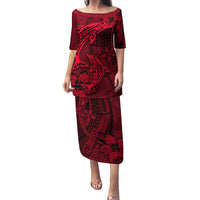 Polynesian Dolphin Valentine Day Puletasi Hibiscus and Tribal Tattoo Red Style LT03 Long Dress Red - Polynesian Pride