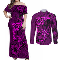 Polynesian Dolphin Valentine Day Couples Matching Off Shoulder Maxi Dress and Long Sleeve Button Shirt Hibiscus and Tribal Tattoo Pink Style LT03 Pink - Polynesian Pride