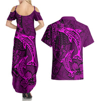 Polynesian Dolphin Valentine Day Couples Matching Summer Maxi Dress and Hawaiian Shirt Hibiscus and Tribal Tattoo Pink Style LT03 - Polynesian Pride