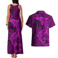 Polynesian Dolphin Valentine Day Couples Matching Tank Maxi Dress and Hawaiian Shirt Hibiscus and Tribal Tattoo Pink Style LT03 - Polynesian Pride
