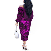 Polynesian Dolphin Valentine Day Off The Shoulder Long Sleeve Dress Hibiscus and Tribal Tattoo Pink Style LT03 - Polynesian Pride