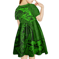 Polynesian Dolphin Valentine Day Kid Short Sleeve Dress Hibiscus and Tribal Tattoo Green Style LT03 - Polynesian Pride