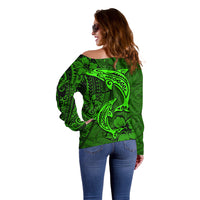 Polynesian Dolphin Valentine Day Off Shoulder Sweater Hibiscus and Tribal Tattoo Green Style LT03 - Polynesian Pride