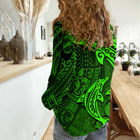 Polynesian Dolphin Valentine Day Women Casual Shirt Hibiscus and Tribal Tattoo Green Style LT03 - Polynesian Pride