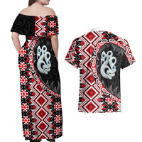 Red Taniko Motif Aotearoa Manaia and Silver Fern Couples Matching Off Shoulder Maxi Dress and Hawaiian Shirt