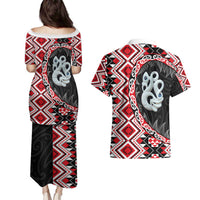 Red Taniko Motif Aotearoa Manaia and Silver Fern Couples Matching Puletasi and Hawaiian Shirt