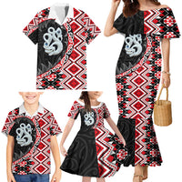 Red Taniko Motif Aotearoa Manaia and Silver Fern Family Matching Mermaid Dress and Hawaiian Shirt