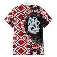 Red Taniko Motif Aotearoa Manaia and Silver Fern Family Matching Off The Shoulder Long Sleeve Dress and Hawaiian Shirt