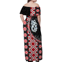 Red Taniko Motif Aotearoa Manaia and Silver Fern Family Matching Off Shoulder Maxi Dress and Hawaiian Shirt