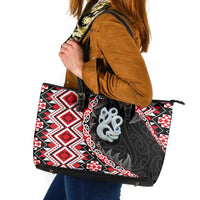 Red Taniko Motif Aotearoa Manaia and Silver Fern Leather Tote Bag LT03 Red - Polynesian Pride
