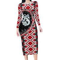 Red Taniko Motif Aotearoa Manaia and Silver Fern Long Sleeve Bodycon Dress