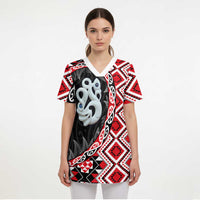 Red Taniko Motif Aotearoa Manaia and Silver Fern Scrub Top - Polynesian Pride