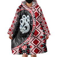 Red Taniko Motif Aotearoa Manaia and Silver Fern Wearable Blanket Hoodie