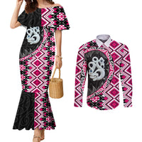 Pink Taniko Motif Aotearoa Manaia and Silver Fern Couples Matching Mermaid Dress and Long Sleeve Button Shirt
