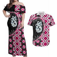 Pink Taniko Motif Aotearoa Manaia and Silver Fern Couples Matching Off Shoulder Maxi Dress and Hawaiian Shirt