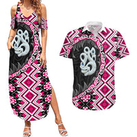 Pink Taniko Motif Aotearoa Manaia and Silver Fern Couples Matching Summer Maxi Dress and Hawaiian Shirt