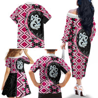 Pink Taniko Motif Aotearoa Manaia and Silver Fern Family Matching Off The Shoulder Long Sleeve Dress and Hawaiian Shirt