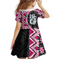 Pink Taniko Motif Aotearoa Manaia and Silver Fern Family Matching Off Shoulder Maxi Dress and Hawaiian Shirt