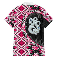 Pink Taniko Motif Aotearoa Manaia and Silver Fern Family Matching Off Shoulder Short Dress and Hawaiian Shirt