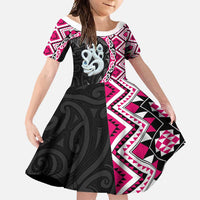 Pink Taniko Motif Aotearoa Manaia and Silver Fern Family Matching Tank Maxi Dress and Hawaiian Shirt LT03 Daughter's Dress Pink - Polynesian Pride