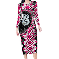 Pink Taniko Motif Aotearoa Manaia and Silver Fern Long Sleeve Bodycon Dress