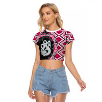 Pink Taniko Motif Aotearoa Manaia and Silver Fern Raglan Cropped T Shirt