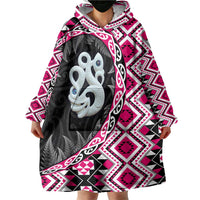 Pink Taniko Motif Aotearoa Manaia and Silver Fern Wearable Blanket Hoodie