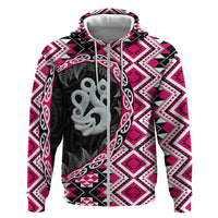 Pink Taniko Motif Aotearoa Manaia and Silver Fern Zip Hoodie LT03 Zip Hoodie Pink - Polynesian Pride