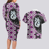 Purple Taniko Motif Aotearoa Manaia and Silver Fern Couples Matching Long Sleeve Bodycon Dress and Hawaiian Shirt