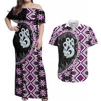 Purple Taniko Motif Aotearoa Manaia and Silver Fern Couples Matching Off Shoulder Maxi Dress and Hawaiian Shirt
