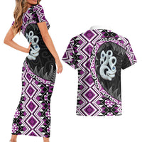 Purple Taniko Motif Aotearoa Manaia and Silver Fern Couples Matching Short Sleeve Bodycon Dress and Hawaiian Shirt