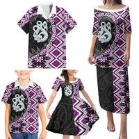 Purple Taniko Motif Aotearoa Manaia and Silver Fern Family Matching Puletasi and Hawaiian Shirt