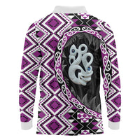 Purple Taniko Motif Aotearoa Manaia and Silver Fern Long Sleeve Polo Shirt