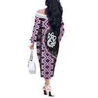 Purple Taniko Motif Aotearoa Manaia and Silver Fern Off The Shoulder Long Sleeve Dress