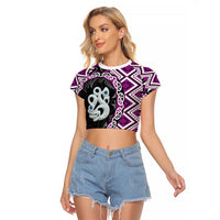 Purple Taniko Motif Aotearoa Manaia and Silver Fern Raglan Cropped T Shirt