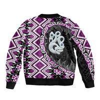 Purple Taniko Motif Aotearoa Manaia and Silver Fern Sleeve Zip Bomber Jacket