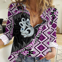 Purple Taniko Motif Aotearoa Manaia and Silver Fern Women Casual Shirt
