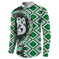 Green Taniko Motif Aotearoa Manaia and Silver Fern Button Sweatshirt LT03 - Polynesian Pride