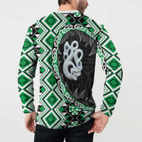 Green Taniko Motif Aotearoa Manaia and Silver Fern Button Sweatshirt LT03 - Polynesian Pride