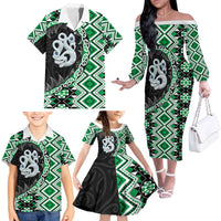 Green Taniko Motif Aotearoa Manaia and Silver Fern Family Matching Off The Shoulder Long Sleeve Dress and Hawaiian Shirt
