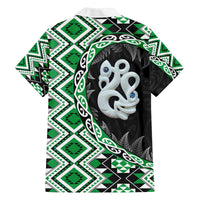 Green Taniko Motif Aotearoa Manaia and Silver Fern Family Matching Off The Shoulder Long Sleeve Dress and Hawaiian Shirt